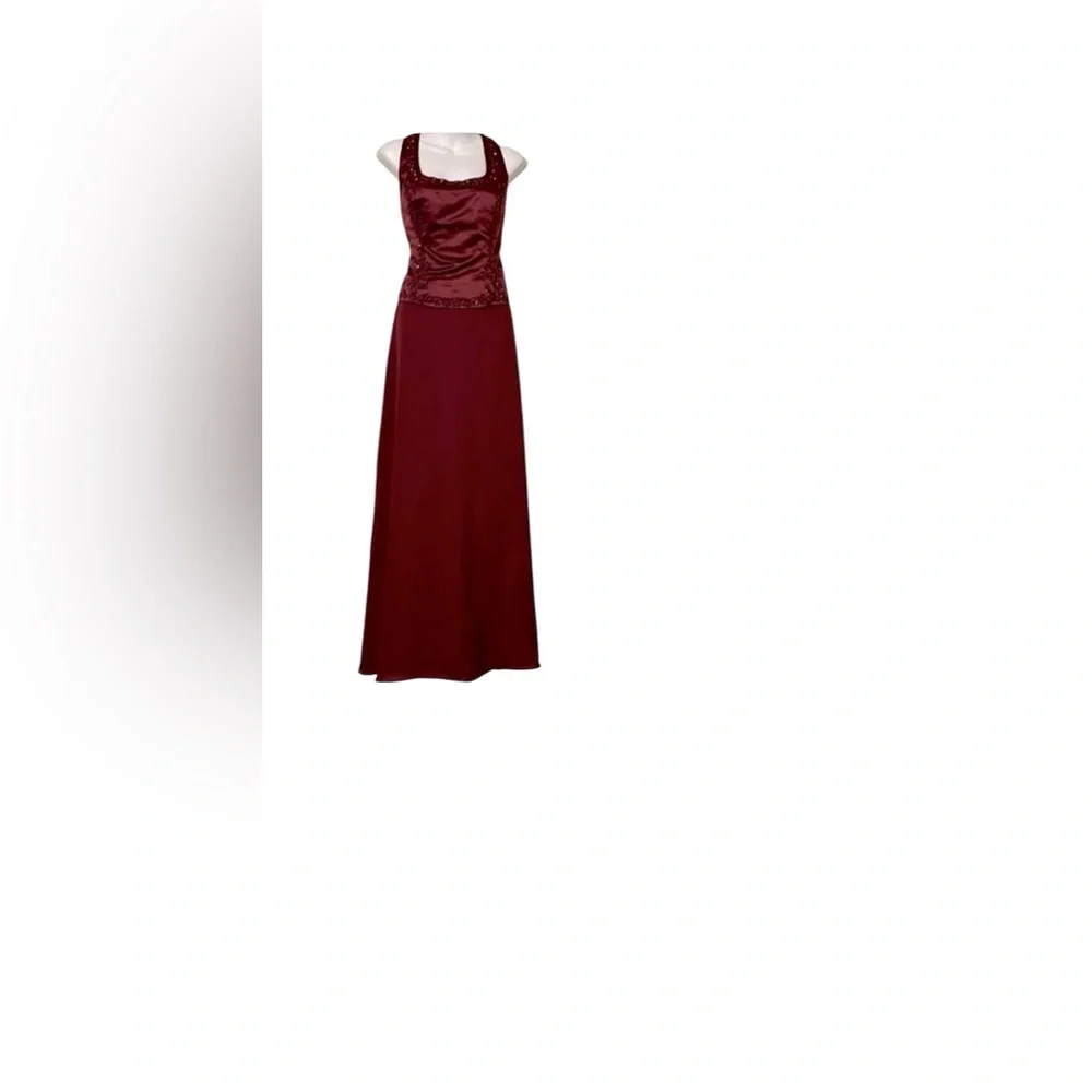 Rebecca Women’s Burgundy Merlot Dark Red Beaded Satin Sheer Formal Prom Gown L